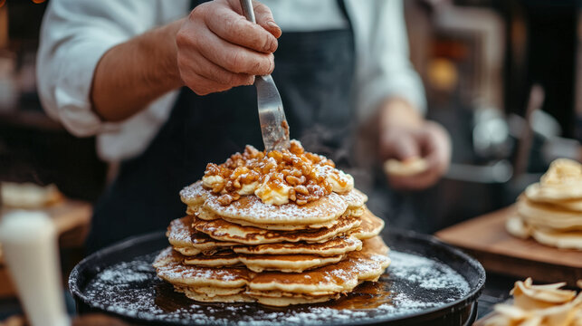 Chef Garnishing Fluffy Pancake Stack. A chef is garnishing a stack of delicious pancakes with walnuts and powdered sugar, ready for serving.