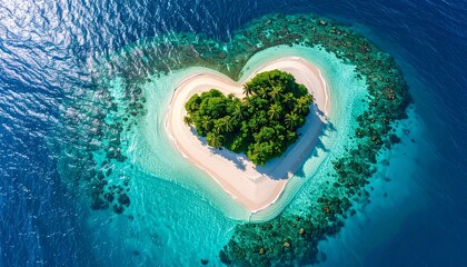 aerial view of heart shaped tropical island in the ocean with white sand and turquoise water	