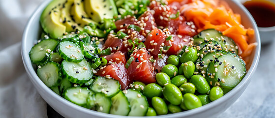 Fresh Sashimi Bowl with Tuna, Cucumber, Edamame, Avocado, and Sesame Seeds