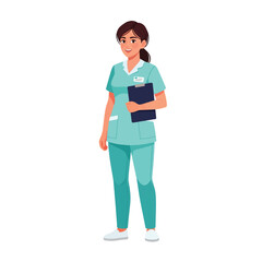 Fototapeta premium Professional Healthcare Worker: A medical professional, showcasing confidence, stands poised, holding a clipboard in a clean and brightly lit setting.