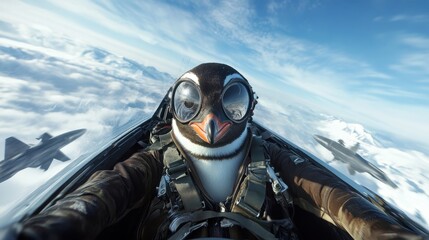 A whimsical penguin pilot in a jet cockpit captures the thrill of flight, showcasing a blend of humor and adventure against a backdrop of clear skies and clouds.