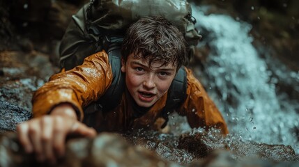 A determined young boy struggles to climb a wet, rocky terrain, showcasing resilience and adventure amid nature’s challenging landscape, embodying youthful spirit.