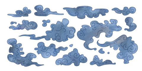 Blue Japan cloud collection with traditional Asia swirl patterns - decorative smoke shapes with curved spirals and flowing forms for oriental design. Stylized vapor elements of classic eastern motifs