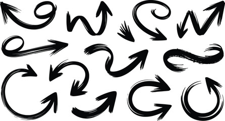 Obraz premium Hand-Drawn Arrow Brush Set, Curved Sketch Direction Icons Collection.