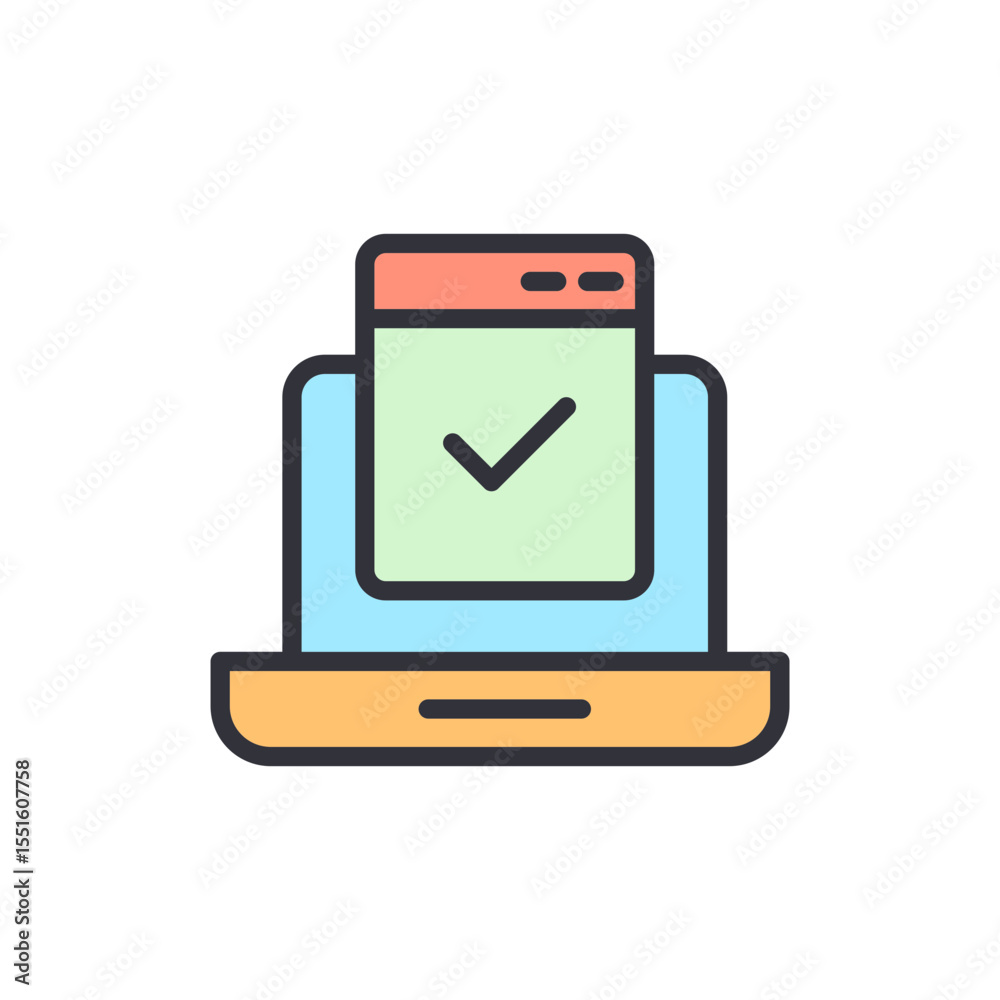Poster laptop displaying tick symbol representing task completion or verification