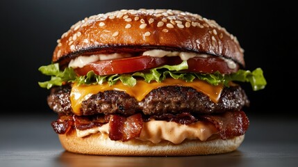 A mouthwatering close-up of a juicy hamburger layered with fresh ingredients, showcasing the texture and appeal of comfort food that satisfies cravings and delights.