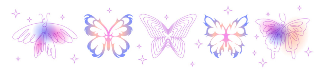 Y2k butterfly set with gradient rainbow wings, pink blurred effects, neon purple and blue colors. Retro digital aesthetic for nostalgic design, trendy sticker, dreamy 2000s fashion decorative element.