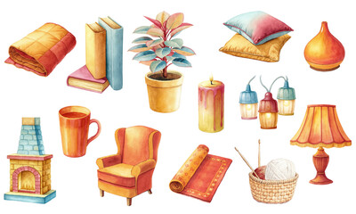 Watercolor Hygge Clipart Cozy Home Essentials Collection