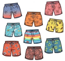 Summer Swim Trunks Illustration Set  Colorful Beach Shorts Collection