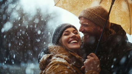 A couple smiles joyfully under a yellow umbrella during a snowy day, capturing the warmth of love amidst a winter wonderland and magical snowfall.