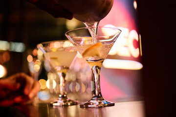 Bartender Preparing Cocktails at a Bar Counter	