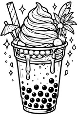 Hand-drawn vector illustration of a trash can with spring floral decoration and green leaves