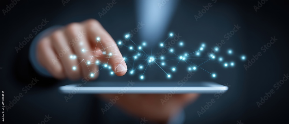 Poster close-up of a hand interacting with a digital tablet displaying abstract connections and data in a p