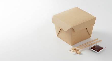 Fototapeta premium Takeout food packaging with chopsticks and soy sauce against a white background