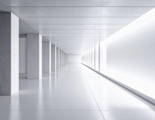 Obraz premium Modern architecture interior of an empty 3D rendered office corridor with white columns, light, and a minimalist design