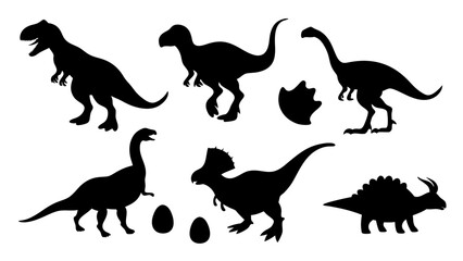 Vector illustration of dinosaur silhouette including Stegosaurus, Brontosaurus, Velociraptor, Triceratops, Tyrannosaurus rex