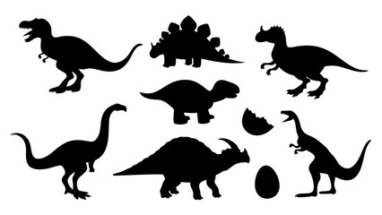 Vector illustration of dinosaur silhouette including Stegosaurus, Brontosaurus, Velociraptor, Triceratops, Tyrannosaurus rex