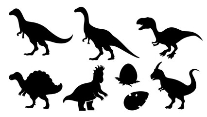 Vector illustration of dinosaur silhouette including Stegosaurus, Brontosaurus, Velociraptor, Triceratops, Tyrannosaurus rex