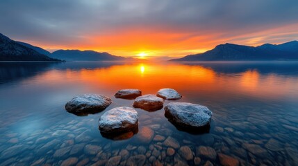 A breathtaking sunset paints the sky with vibrant colors over a tranquil lake, reflecting majestic mountains and creating a serene atmosphere ideal for relaxation and peace.