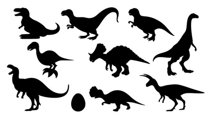 Vector illustration of dinosaur silhouette including Stegosaurus, Brontosaurus, Velociraptor, Triceratops, Tyrannosaurus rex