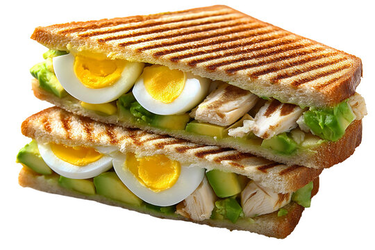 Grilled panini sandwich with hard boiled eggs avocado lettuce and chicken on toasted bread with grill marks isolated on transparent background. Png. - Powered by Adobe