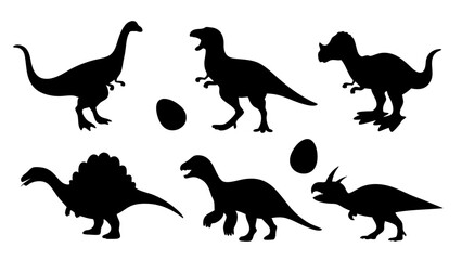 Vector illustration of dinosaur silhouette including Stegosaurus, Brontosaurus, Velociraptor, Triceratops, Tyrannosaurus rex