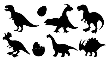 Vector illustration of dinosaur silhouette including Stegosaurus, Brontosaurus, Velociraptor, Triceratops, Tyrannosaurus rex