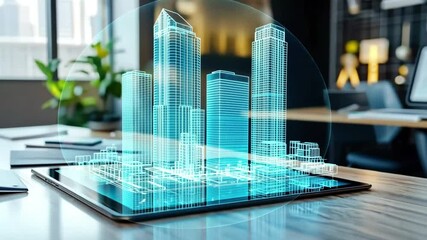 Digital rendering of futuristic city buildings in glowing blue wireframe projected from tablet, symbolizing smart city development and architectural innovation - Powered by Adobe
