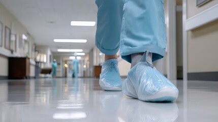 Medical staff walking in a hospital corridor wearing protective shoe covers