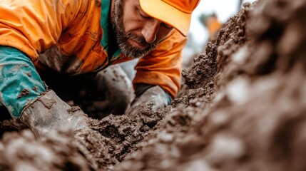 A focused man dressed for the outdoors, knee-deep in soil, symbolizes dedication and connection to nature while engaging in hands-on work in his garden or landscape.