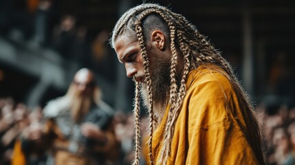 Obraz premium A Viking warrior with intricate braided hair stands solemnly in a dramatic atmosphere, embodying strength, history, and the fierce spirit of ancient cultures and their traditions.