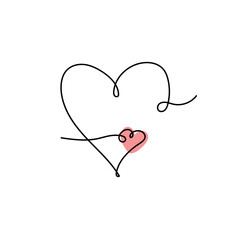 Continuous line drawing of a heart, black and white vector minimalist love concept illustration. Set.