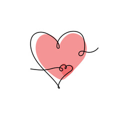 Continuous line drawing of a heart, black and white vector minimalist love concept illustration. Set.