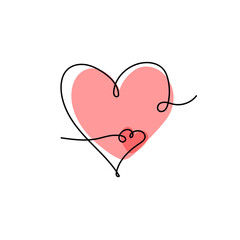 Continuous line drawing of a heart, black and white vector minimalist love concept illustration. Set.