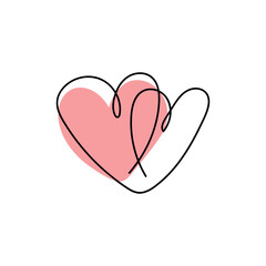 Continuous line drawing of a heart, black and white vector minimalist love concept illustration. Set.