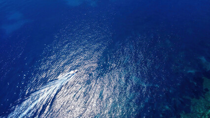 Boat Gliding Over Shimmering Blue Waters in a Sunny Coastal Area Surrounded by a Vibrant Marine Environment