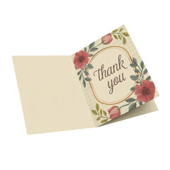 Open thank you card with floral design and blank inside on a black background for appreciation on transparent background