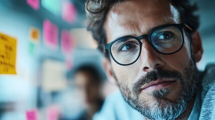 A close-up portrait of a thinking man wearing glasses, showcasing deep concentration and introspection amidst a backdrop filled with colorful sticky notes, symbolizing creativity.
