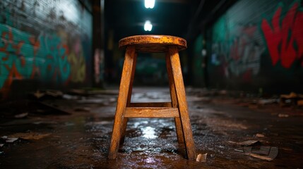 An isolated, rusty wooden stool stands alone in a grungy alley, surrounded by vibrant graffiti and litter, symbolizing resilience in urban decay and artistic expression.