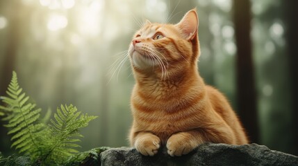 An inquisitive ginger cat captures the essence of serenity while gazing thoughtfully into the lush forest surroundings, showcasing the beauty of nature in harmony.