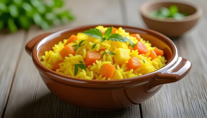 Yellow rice with vegetal in dish on wood background 