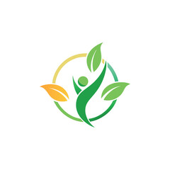 Wellness logo design vector  with human silhouette and green leaf