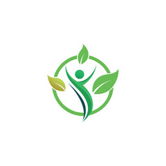 Wellness logo design vector  with human silhouette and green leaf