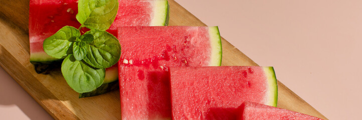 Juicy watermelon slices bask on wooden board, a summer solstice soiree, refreshing watermelon...