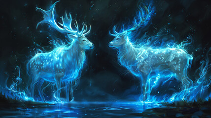Two glowing ethereal deer made of blue flames stand facing each other in a dark, mystical setting with reflections on water.