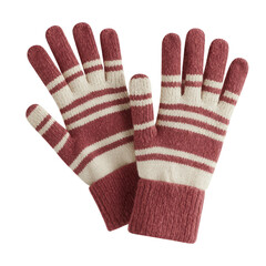 A pair of striped gloves featuring a maroon and white color scheme on a black isolated background on transparent background