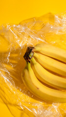 Ripe bananas gleam under plastic wrap on bold yellow, evoking tropical splendor; celebrate Banana Festival and quirky dessert dreams