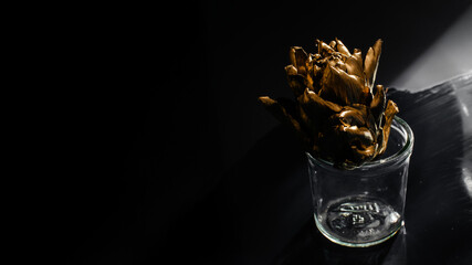 Golden artichoke sculpture in a glass jar, capturing surreal autumn harvest vibes, resonating with...