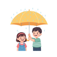 Sheltering Friendship in the Rain: Two young children, an illustration, find solace and shared joy under a vibrant umbrella, as gentle rain descends.