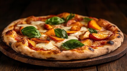 A mouthwatering pizza garnished with bright basil leaves and juicy peach slices showcases gourmet creativity, balancing delightful flavors that will entice any pizza lover.